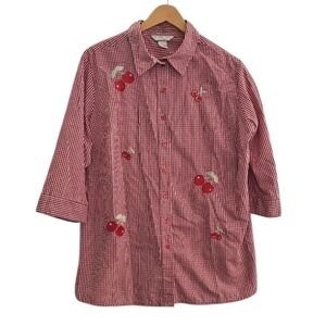 Red Gingham Cherry Button Down Blouse Retro Cottagecore Plus Sz 20W Rockabilly